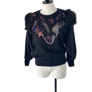 Shelton Vintage Womens Sweater Size Small Black Fur Shoulder Applique Batwing